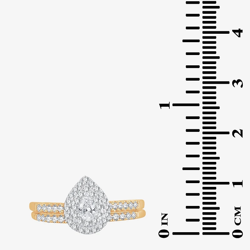 Womens 1/2 CT.T.W. Natural Diamond 10K or 14K Gold Pear Side Stone Halo Bridal Set