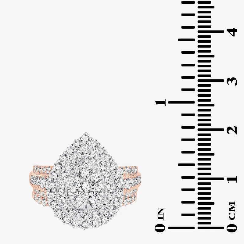 Womens 2 CT.T.W. Natural Diamond 10K or 14K Gold Pear Side Stone Halo Bridal Set
