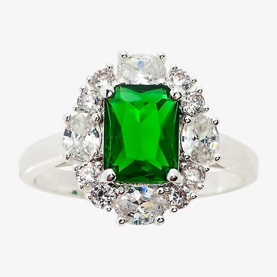 Sparkle Allure Cubic Zirconia Emerald Pure Silver Over Brass Cocktail Ring