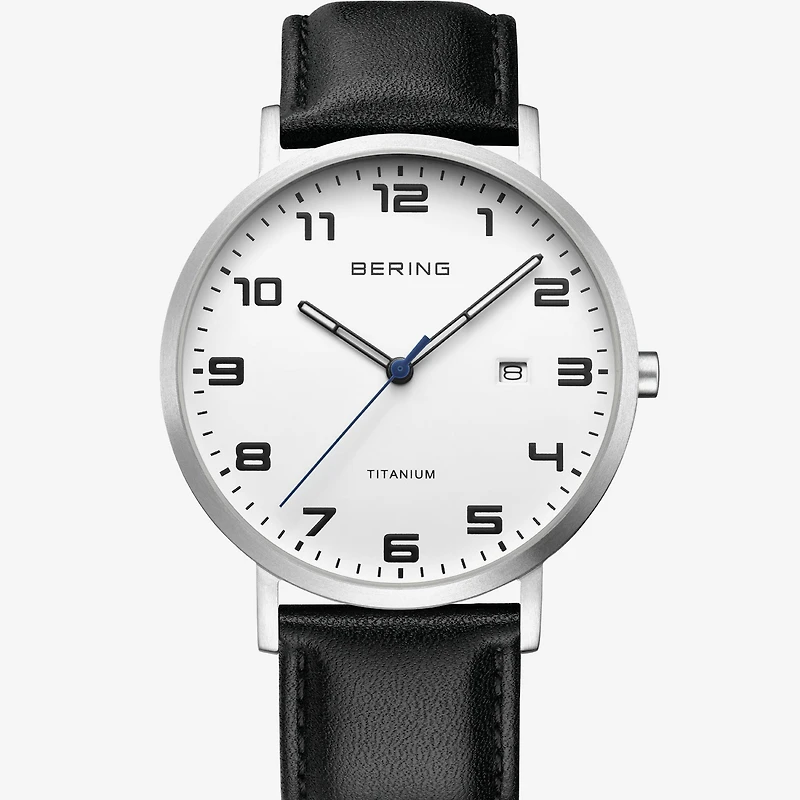 Bering Mens Black Leather Strap Watch 18640-404