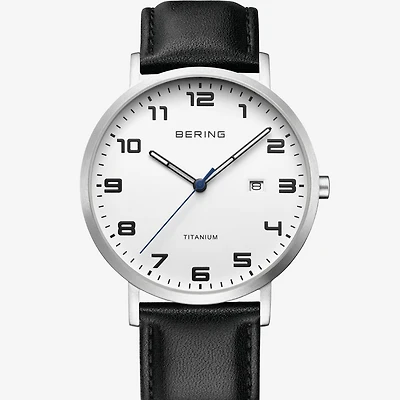 Bering Mens Black Leather Strap Watch 18640-404