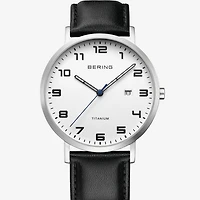 Bering Mens Black Leather Strap Watch 18640-404