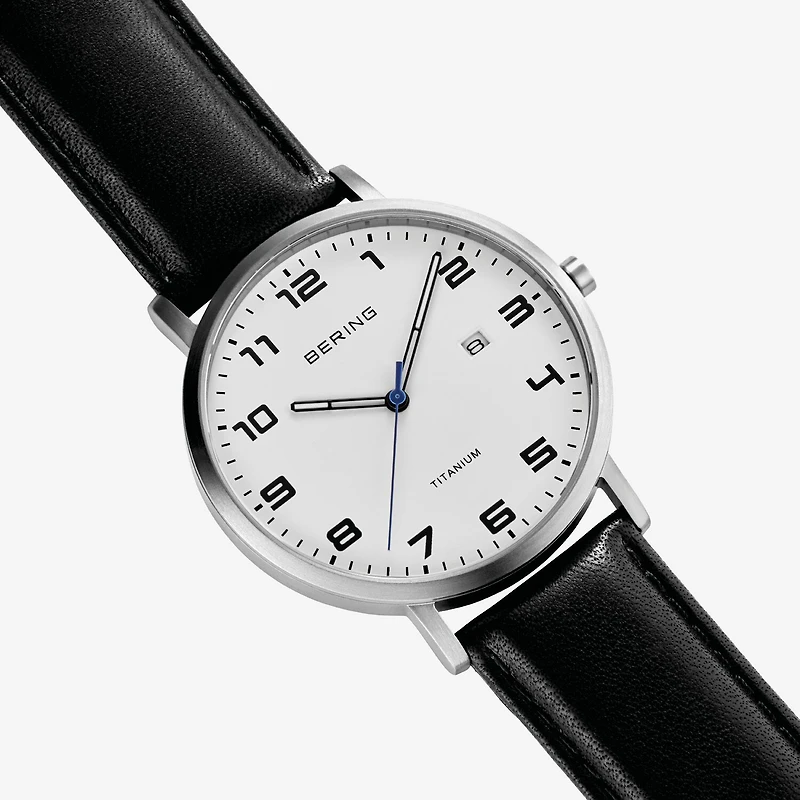 Bering Mens Black Leather Strap Watch 18640-404