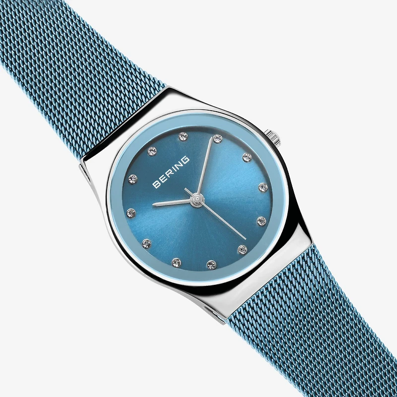 Bering Womens Crystal Accent Blue Stainless Steel Bracelet Watch 12927-308