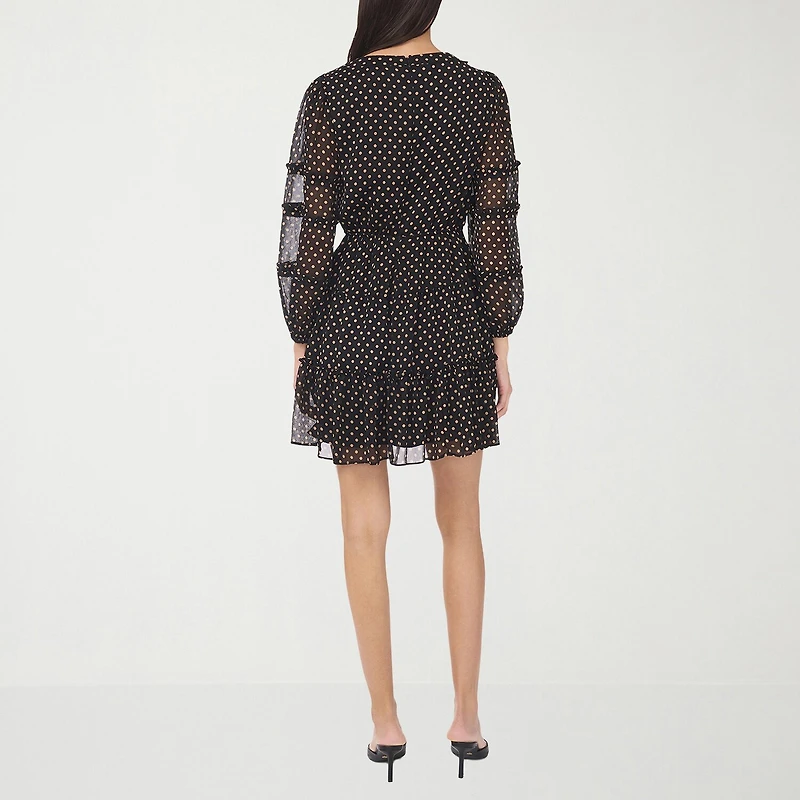 CeCe Womens V Neck Long Sleeve Balloon Polka Dot Fit + Flare Dress