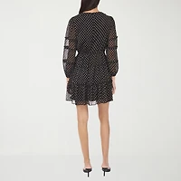 CeCe Womens V Neck Long Sleeve Balloon Polka Dot Fit + Flare Dress