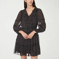 CeCe Womens V Neck Long Sleeve Balloon Polka Dot Fit + Flare Dress