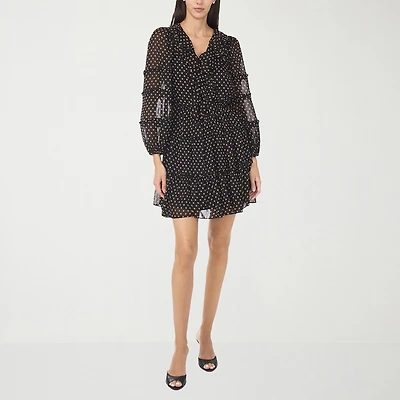 CeCe Womens V Neck Long Sleeve Balloon Polka Dot Fit + Flare Dress