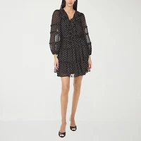 CeCe Womens V Neck Long Sleeve Balloon Polka Dot Fit + Flare Dress