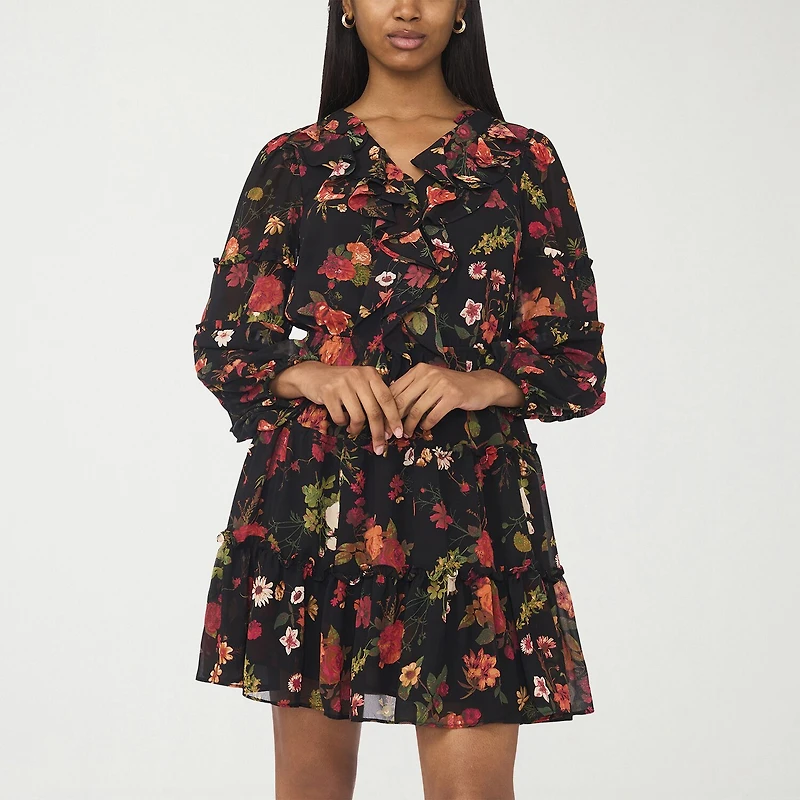 CeCe Womens Cowl Neck Long Sleeve Balloon Floral Fit + Flare Dress