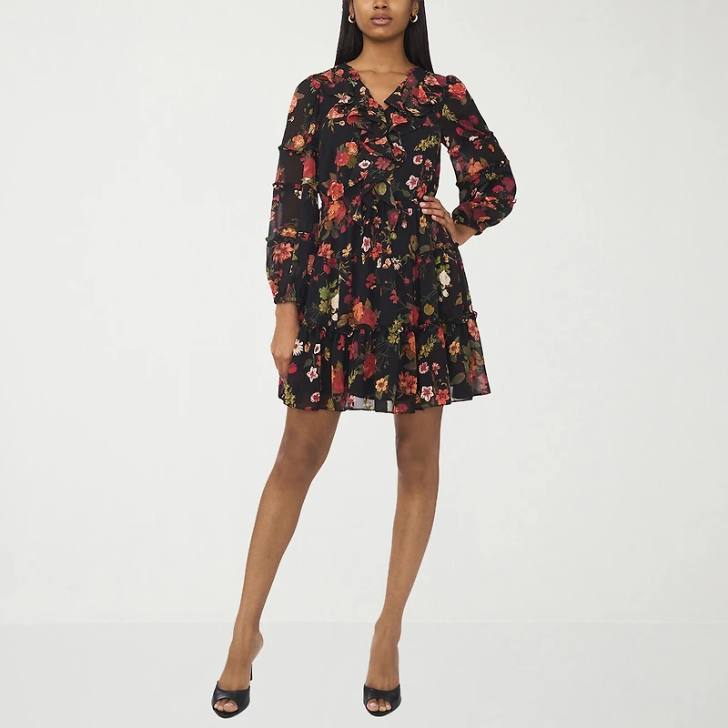 CeCe Womens Cowl Neck Long Sleeve Balloon Floral Fit + Flare Dress