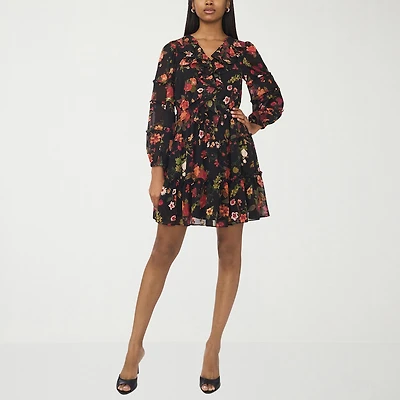 CeCe Womens Cowl Neck Long Sleeve Balloon Floral Fit + Flare Dress