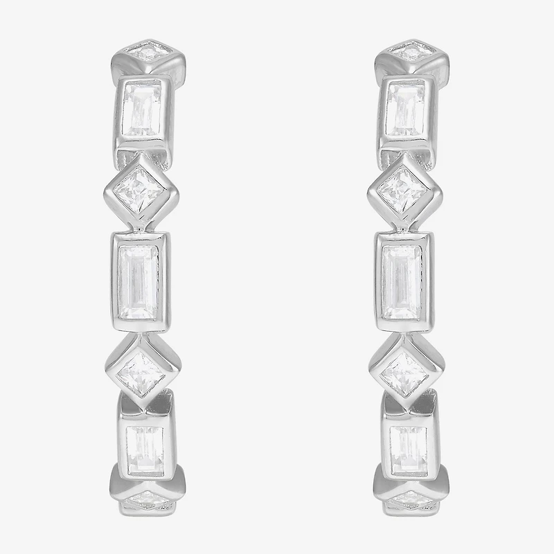 Diamonart Womens Lab Created White Cubic Zirconia Sterling Silver 19.8mm Hoop Earrings