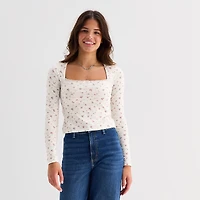 Arizona Womens Juniors Square Neck Long Sleeve Layered Top
