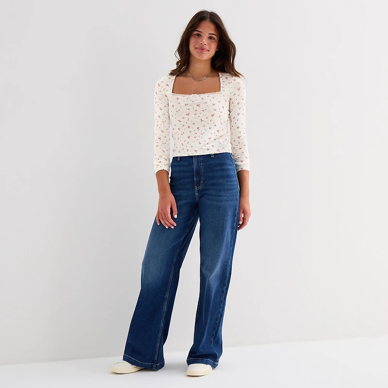 Arizona Womens Juniors Square Neck Long Sleeve Layered Top