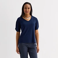 Liz Claiborne Womens V Neck Short Sleeve Blouse