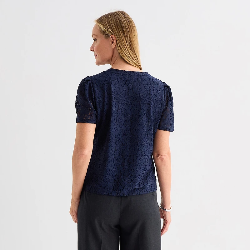 Liz Claiborne Womens Crew Neck Short Sleeve Lace Blouse