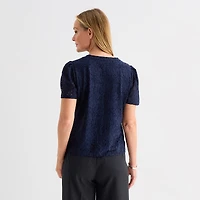Liz Claiborne Womens Crew Neck Short Sleeve Lace Blouse