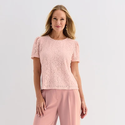 Liz Claiborne Womens Crew Neck Short Sleeve Lace Blouse