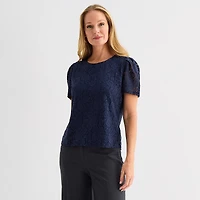 Liz Claiborne Womens Crew Neck Short Sleeve Lace Blouse