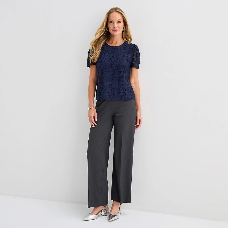 Liz Claiborne Womens Crew Neck Short Sleeve Lace Blouse