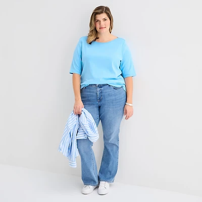 St. John's Bay Womens Plus Boat Neck Elbow Sleeve T-Shirt