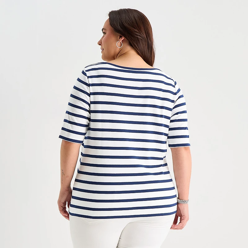 St. John's Bay Womens Plus Boat Neck Elbow Sleeve T-Shirt