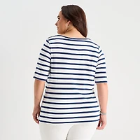 St. John's Bay Womens Plus Boat Neck Elbow Sleeve T-Shirt