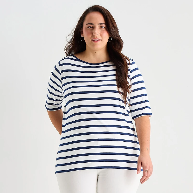 St. John's Bay Womens Plus Boat Neck Elbow Sleeve T-Shirt