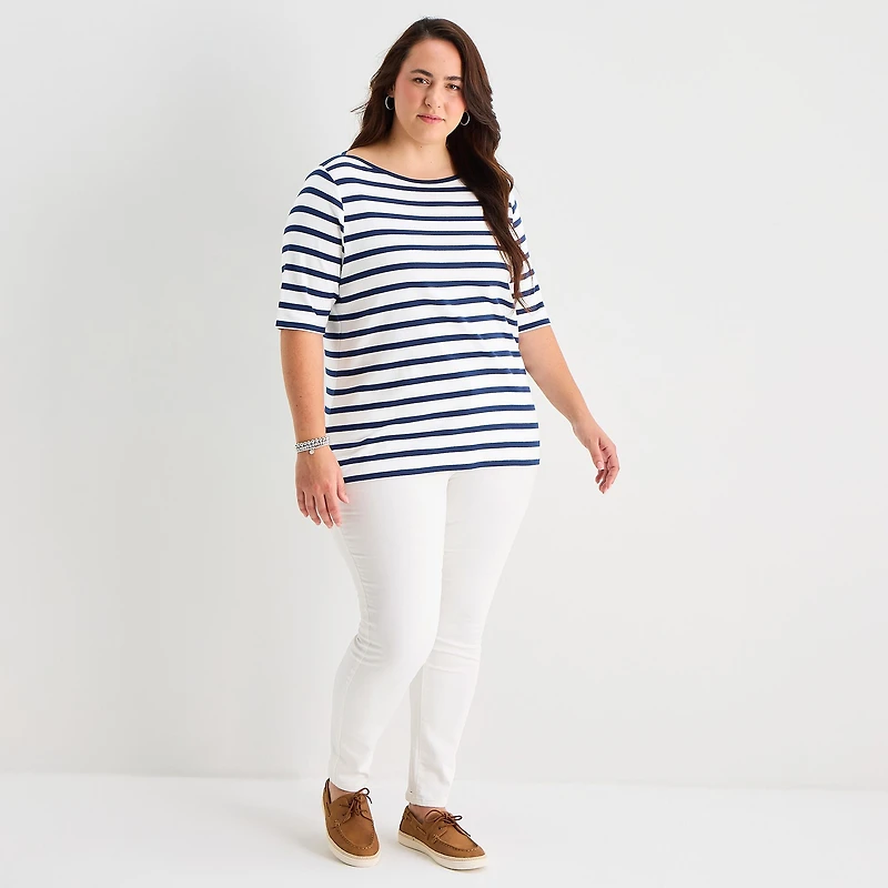 St. John's Bay Womens Plus Boat Neck Elbow Sleeve T-Shirt