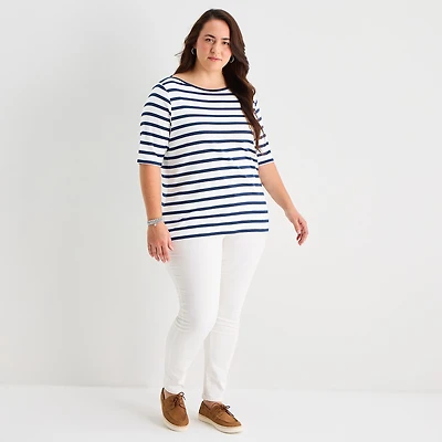 St. John's Bay Womens Plus Boat Neck Elbow Sleeve T-Shirt