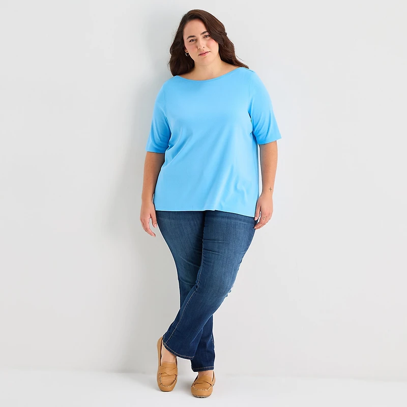 St. John's Bay Womens Plus Easy-on + Easy-off Boat Neck Short Sleeve Adaptive T-Shirt