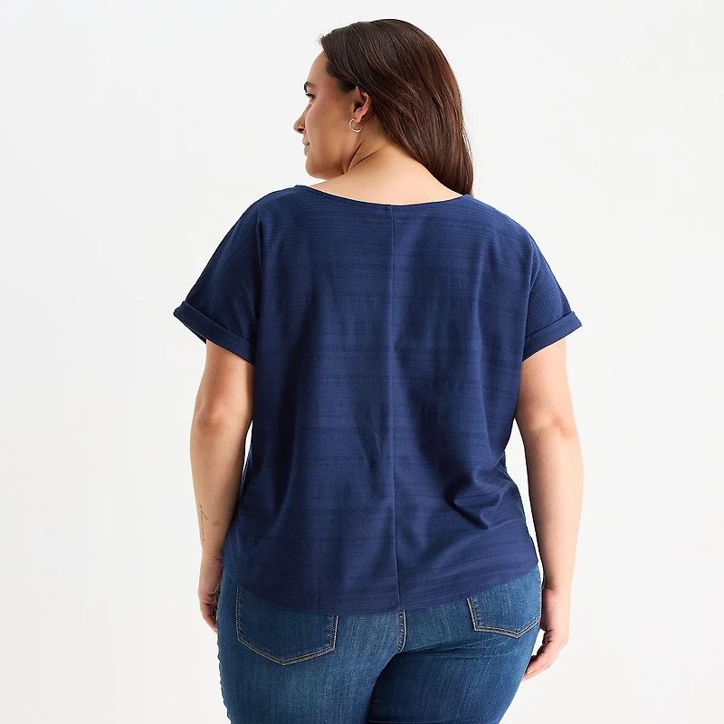 St. John's Bay Womens Plus V Neck Textured Short Sleeve Blouse