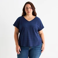 St. John's Bay Womens Plus V Neck Textured Short Sleeve Blouse