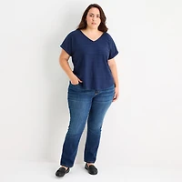 St. John's Bay Womens Plus V Neck Textured Short Sleeve Blouse