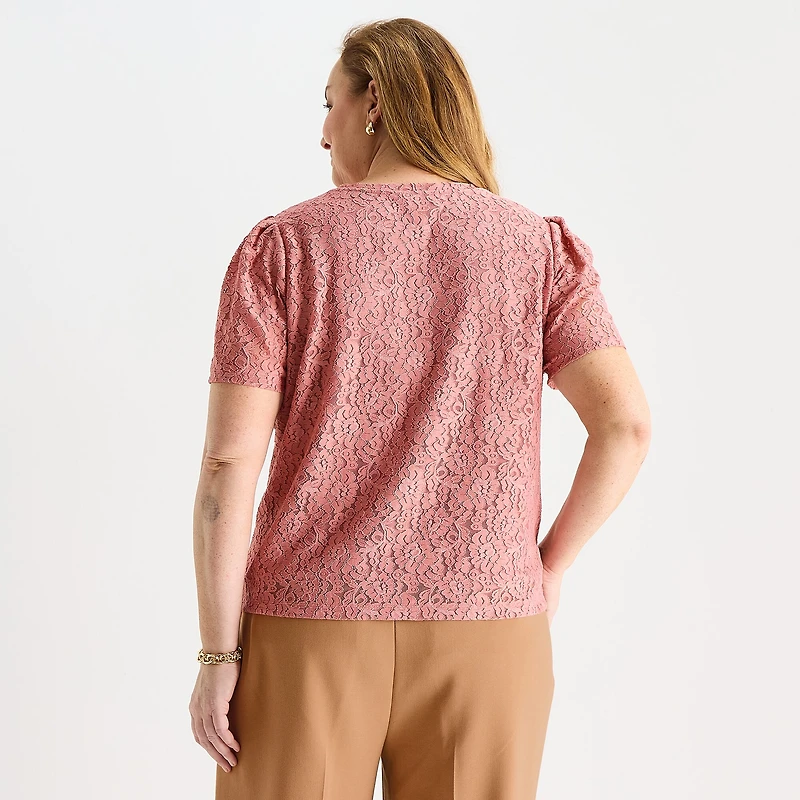 Liz Claiborne Womens Plus Round Neck Short Sleeve Lace Blouse