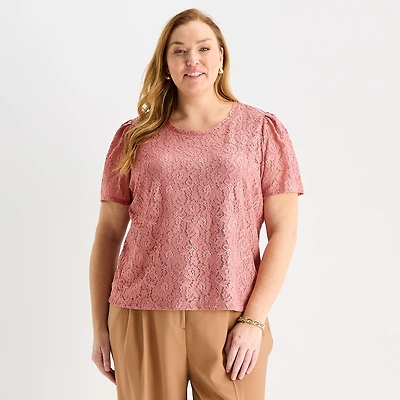 Liz Claiborne Womens Plus Round Neck Short Sleeve Lace Blouse