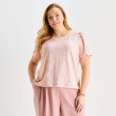 Liz Claiborne Womens Plus Round Neck Short Sleeve Blouse