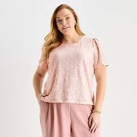 Liz Claiborne Womens Plus Round Neck Short Sleeve Blouse