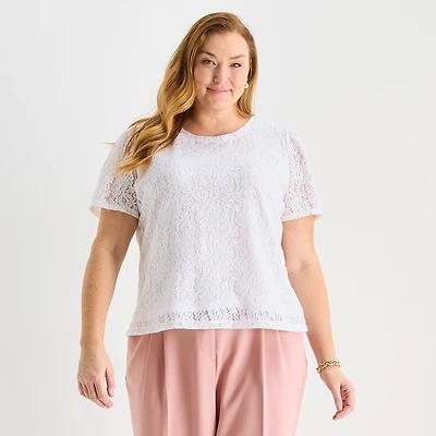 Liz Claiborne Womens Plus Round Neck Short Sleeve Blouse