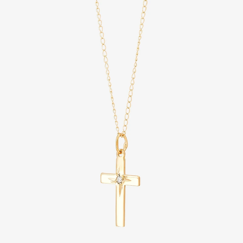 Girls White Diamond 14K Gold Cross 13 Inch Pendant Necklace