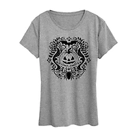 Floral Pumpkin Halloween Womens Crew Neck Short Sleeve Regular Fit Graphic T-Shirt
