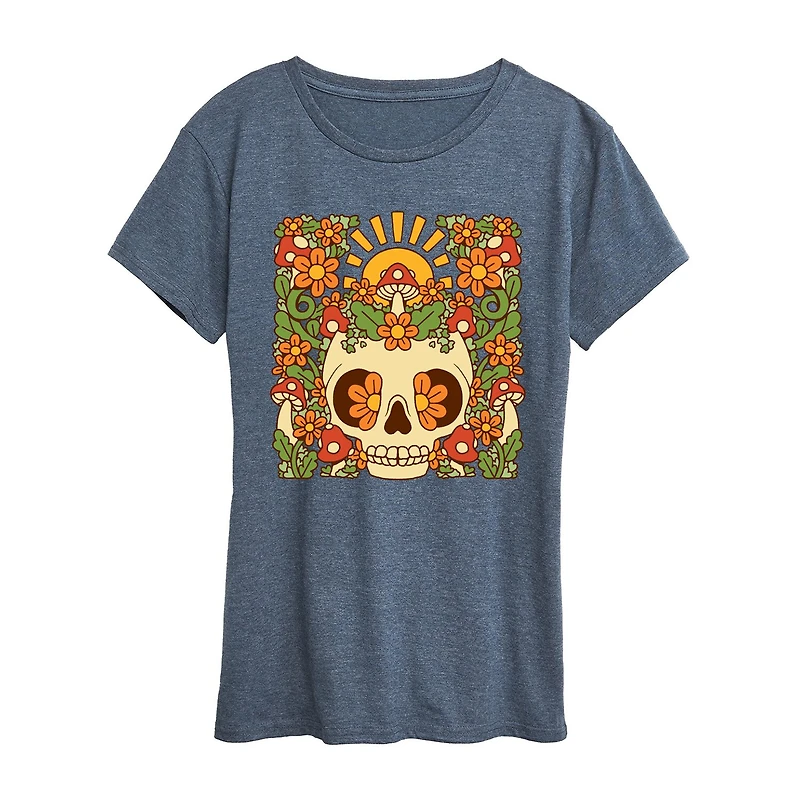 Floral Skull Womens Crew Neck Short Sleeve Regular Fit Graphic T-Shirt