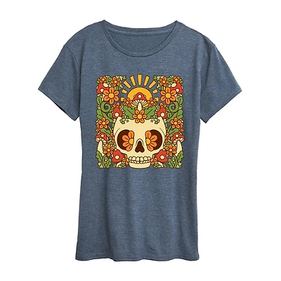 Floral Skull Womens Crew Neck Short Sleeve Regular Fit Graphic T-Shirt
