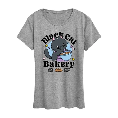 Black Cat Bakery Womens Crew Neck Short Sleeve Regular Fit Graphic T-Shirt