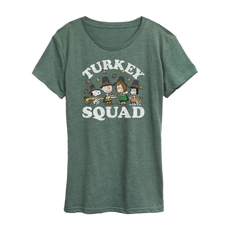 Peanuts Turkey Squad Womens Crew Neck Short Sleeve Regular Fit Graphic T-Shirt