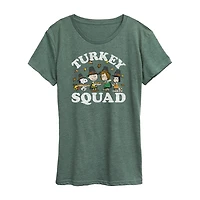 Peanuts Turkey Squad Womens Crew Neck Short Sleeve Regular Fit Graphic T-Shirt