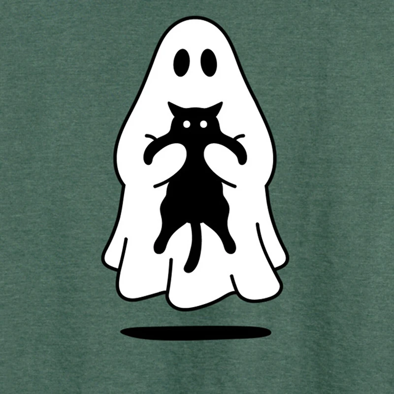 Ghost Holding Black Cat Womens Round Neck Long Sleeve Regular Fit Graphic T-Shirt