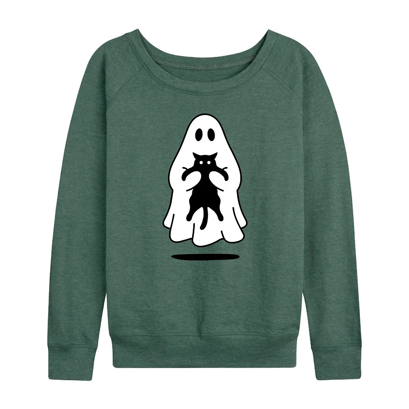 Ghost Holding Black Cat Womens Round Neck Long Sleeve Regular Fit Graphic T-Shirt