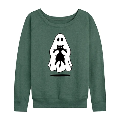 Ghost Holding Black Cat Womens Round Neck Long Sleeve Regular Fit Graphic T-Shirt